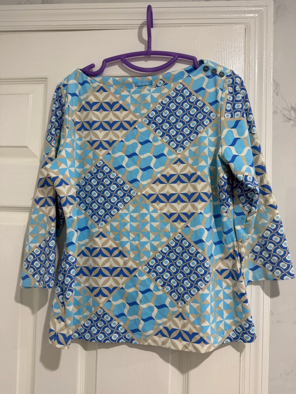 J McLaughlin blue white chain nautical 3/4 sleeve top L Catalina cloth